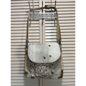 Myra Hair On Cowhide Leather Canvas Paisley Shoulder Bag Boho Gray/Tan